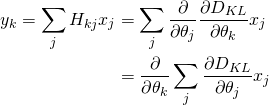 \begin{equation*} \begin{align} y_k = \sum_j H_{kj}x_j &= \sum_j \frac{\partial}{\partial{\theta_j}}\frac{\partial{D_{KL}}}{\partial{\theta_k}}x_j \\ &= \frac{\partial}{\partial{\theta_k}}\sum_j \frac{\partial{D_{KL}}}{\partial{\theta_j}}x_j \end{align} \end{equation*}