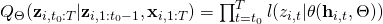 Q_\Theta(\mathbf{z}_{i,t_0:T}|\mathbf{z}_{i,1:t_0-1}, \mathbf{x}_{i,1:T}) = \prod_{t=t_0}^{T} l(z_{i,t}|\theta(\mathbf{h}_{i,t},\Theta))